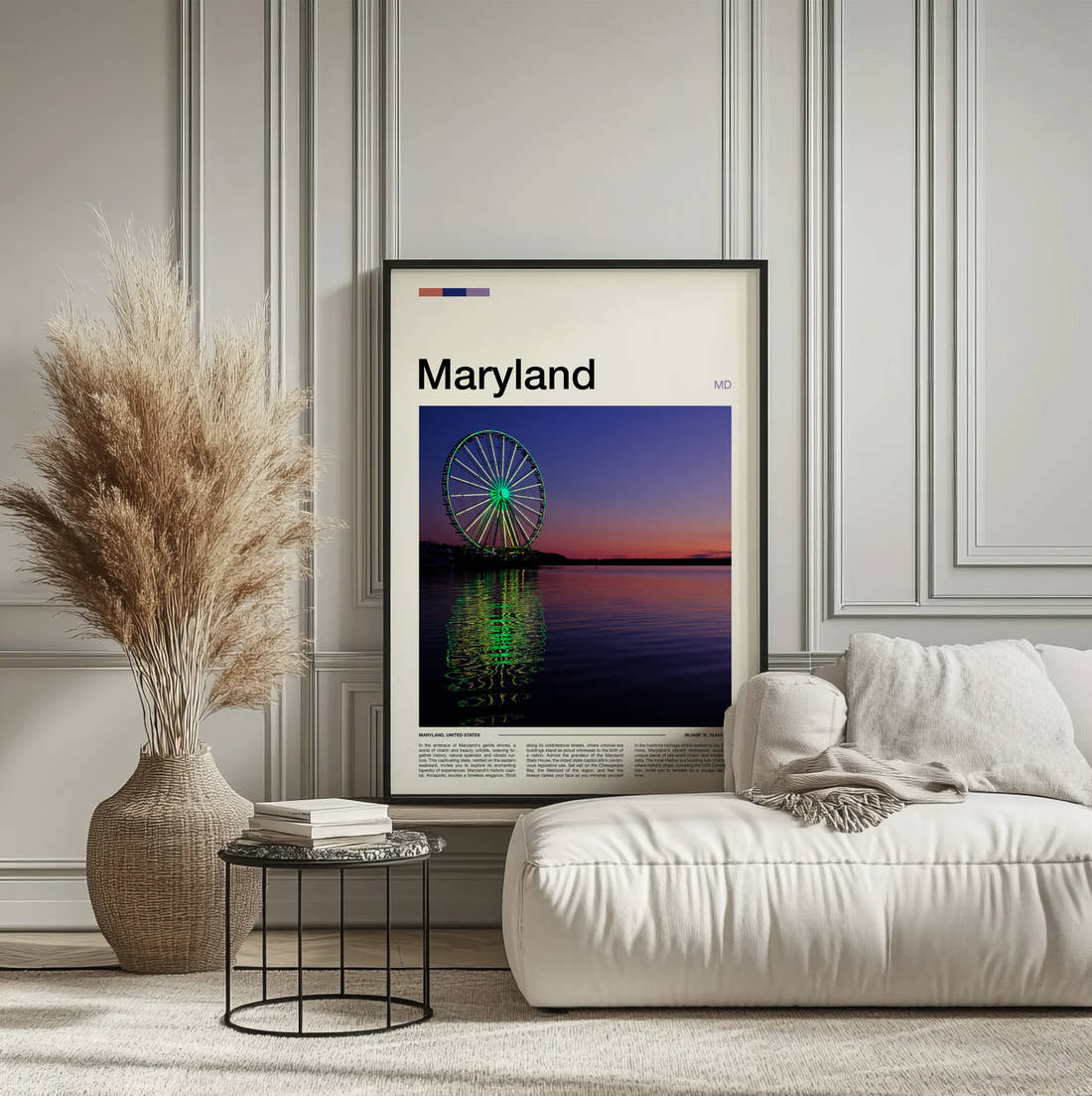 Maryland Ferris Wheel At Dusk Travel Print framed on the wall of a calm, neutral bedroom
