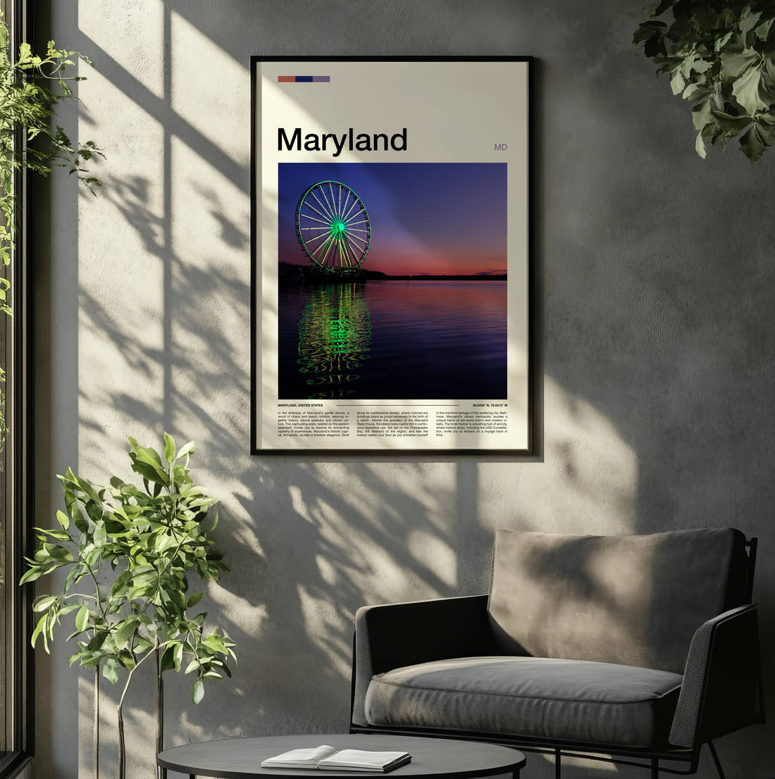 Maryland Ferris Wheel At Dusk Travel Print framed on the wall of a relaxed living room