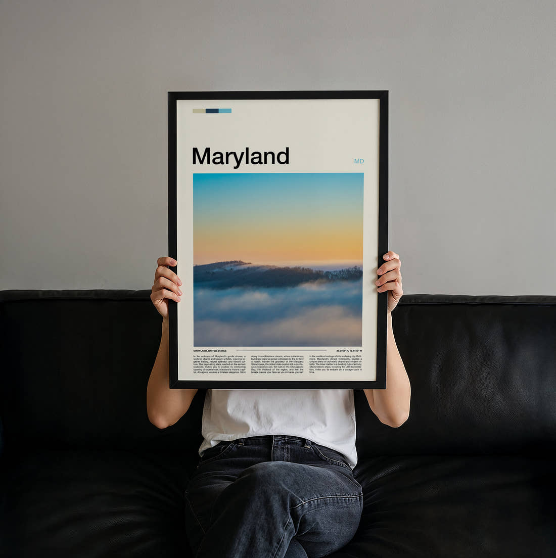 Maryland Sea Of Clouds Travel Print held up by hand to show the size of the print