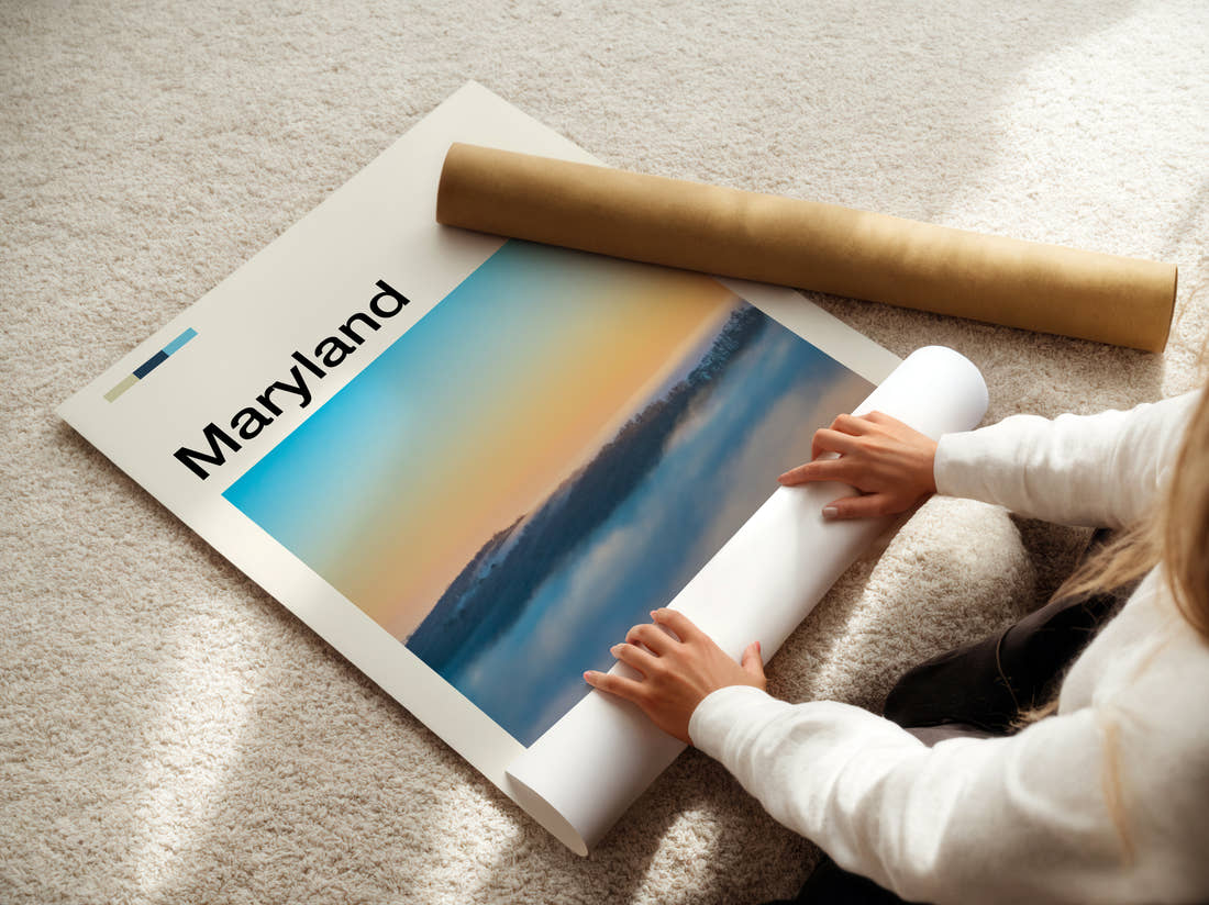 Maryland Sea Of Clouds Travel Print being unrolled from its postal tube