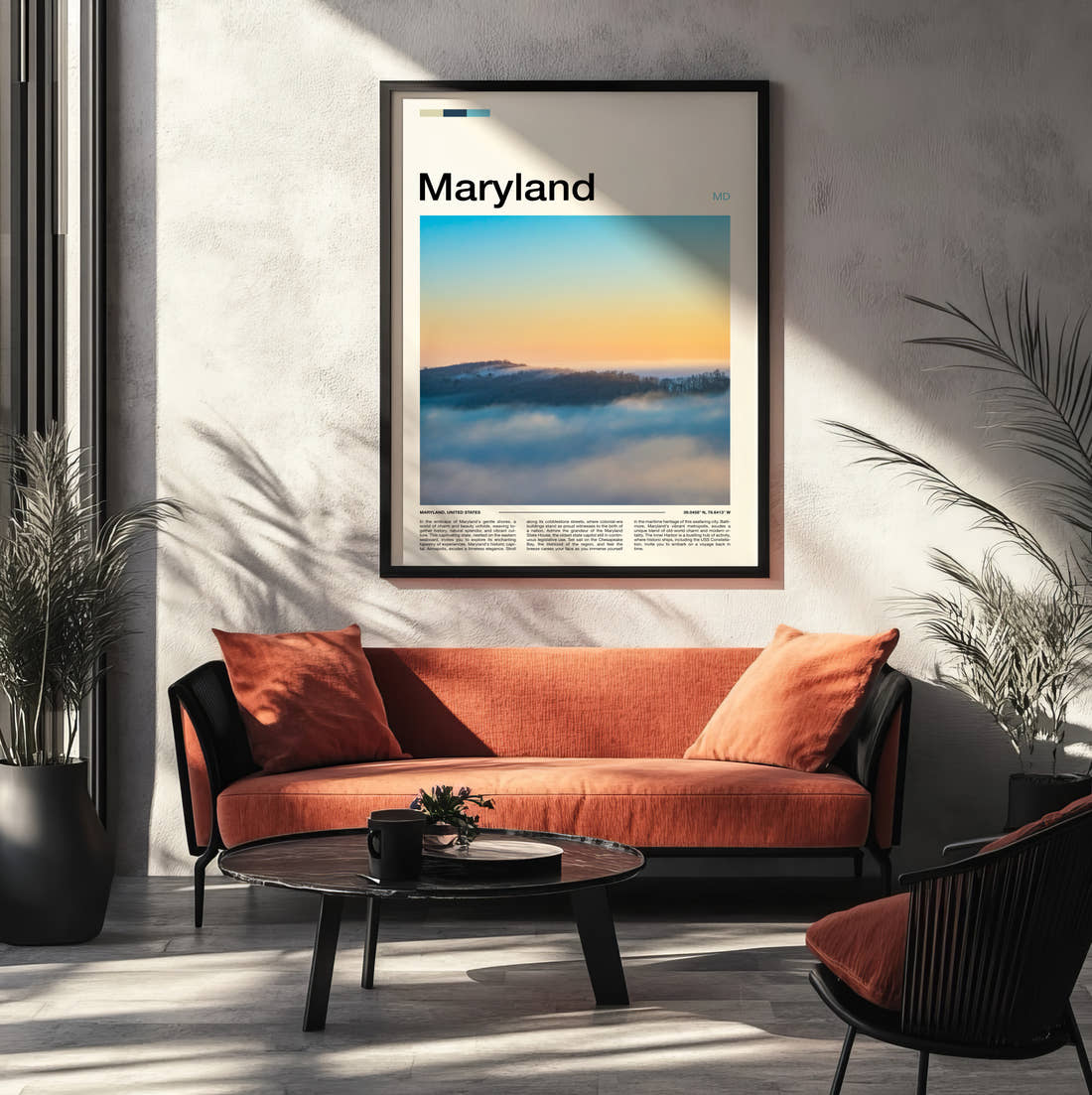 Maryland Sea Of Clouds Travel Print framed on the wall of a modern living room