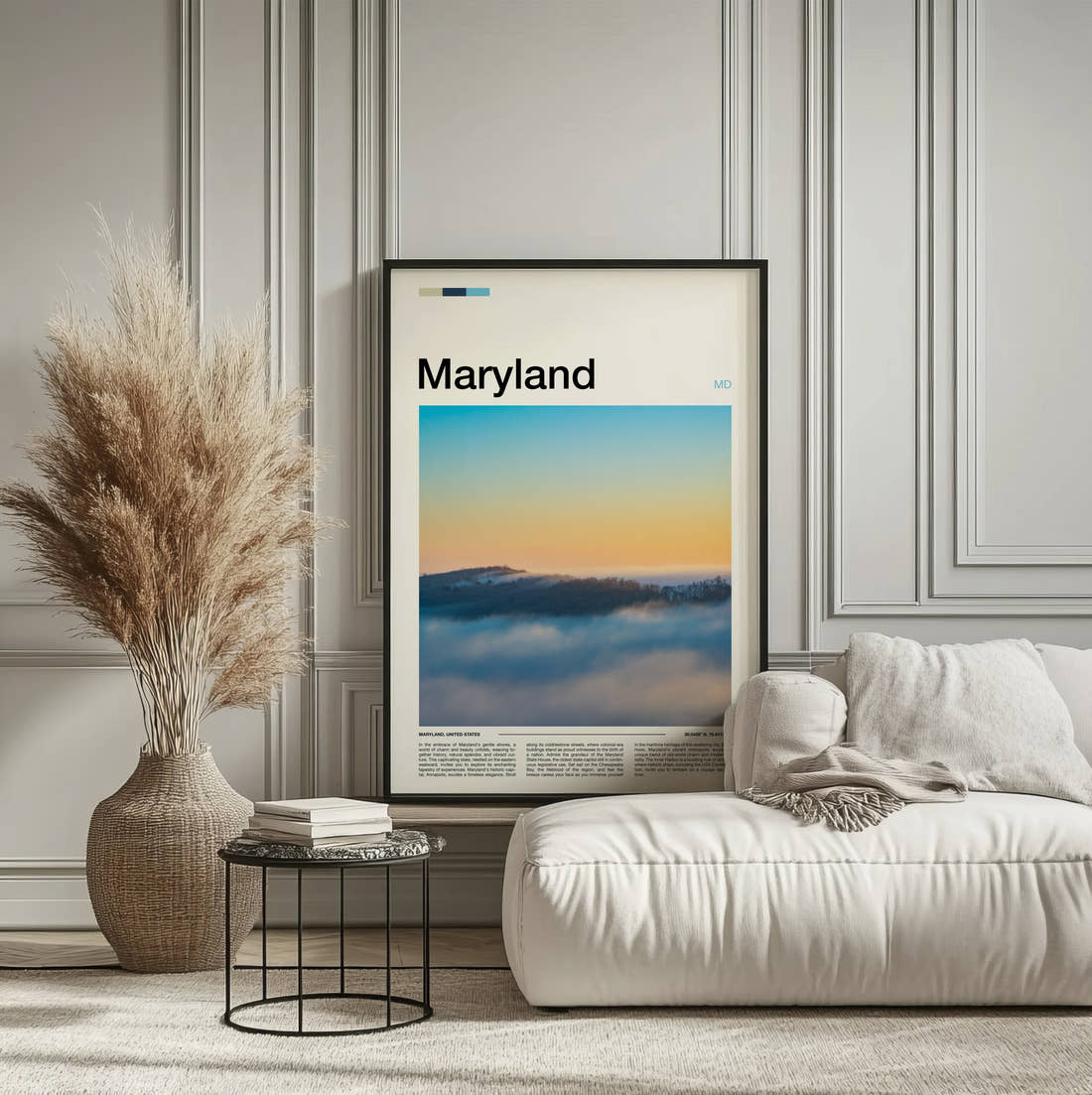 Maryland Sea Of Clouds Travel Print framed on the wall of a calm, neutral bedroom