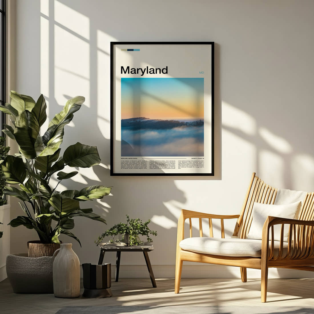 Maryland Sea Of Clouds Travel Print framed on a pale wall beside houseplants