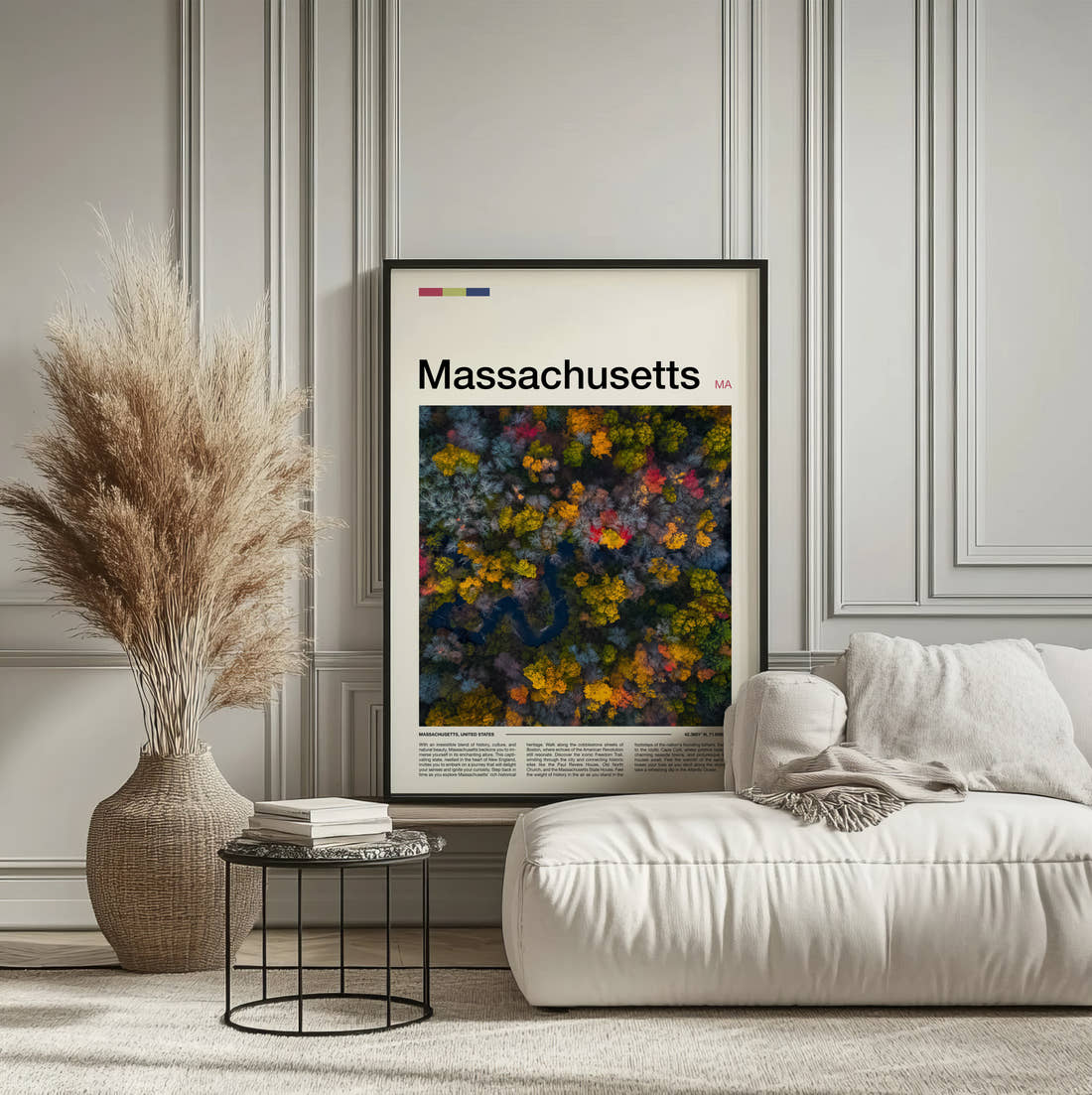 Massachusetts Autumn Woods From Above Travel Print framed on the wall of a calm, neutral bedroom