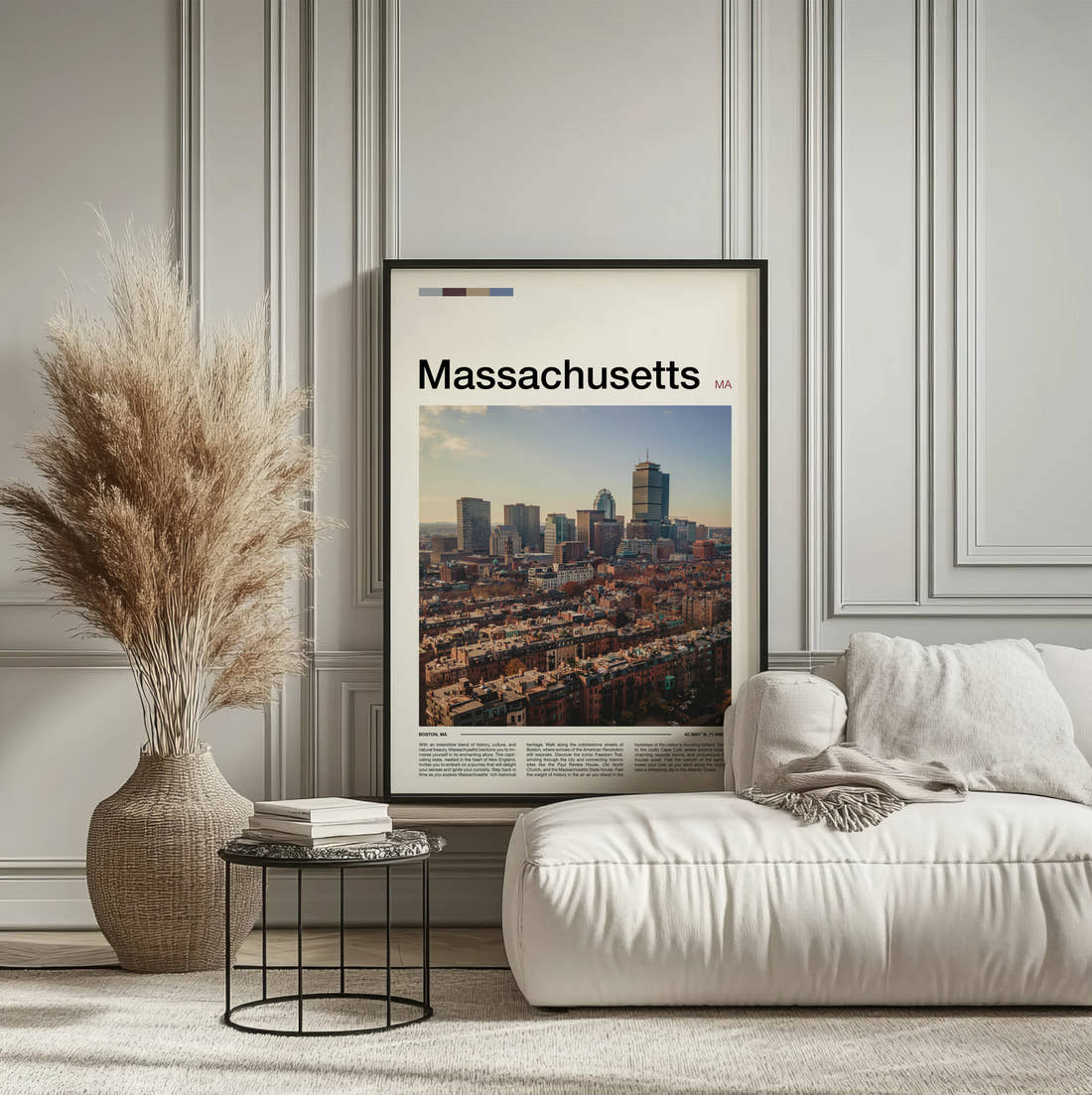 Massachusetts Back Bay Skyline Travel Print framed on the wall of a calm, neutral bedroom