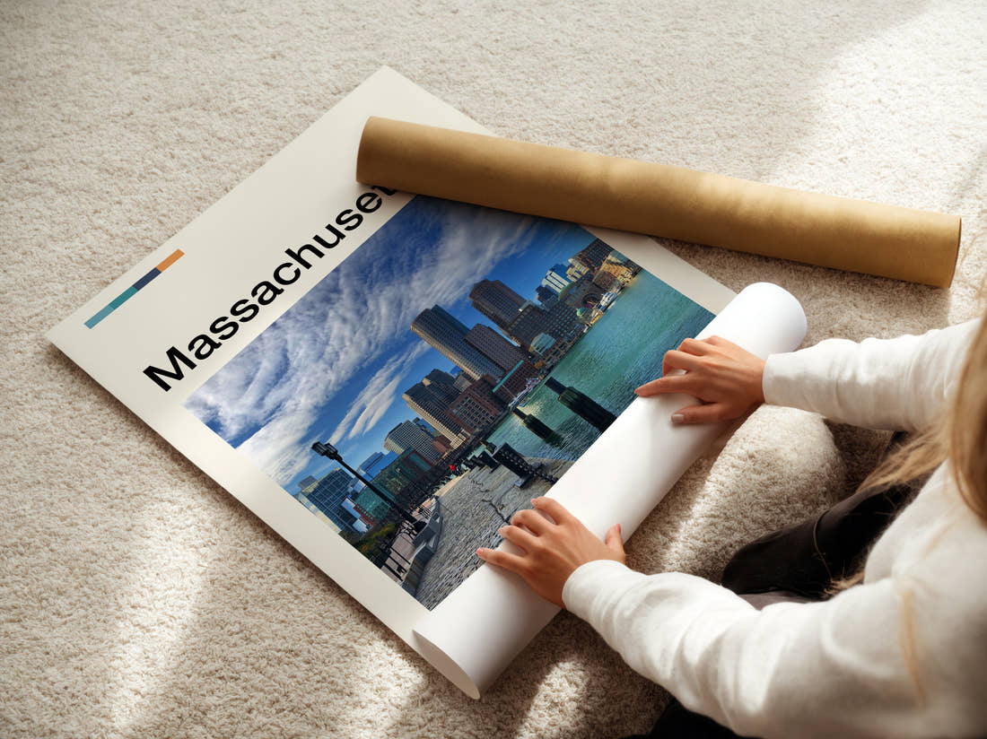Massachusetts Harbour And Skyline Travel Print being unrolled from its postal tube
