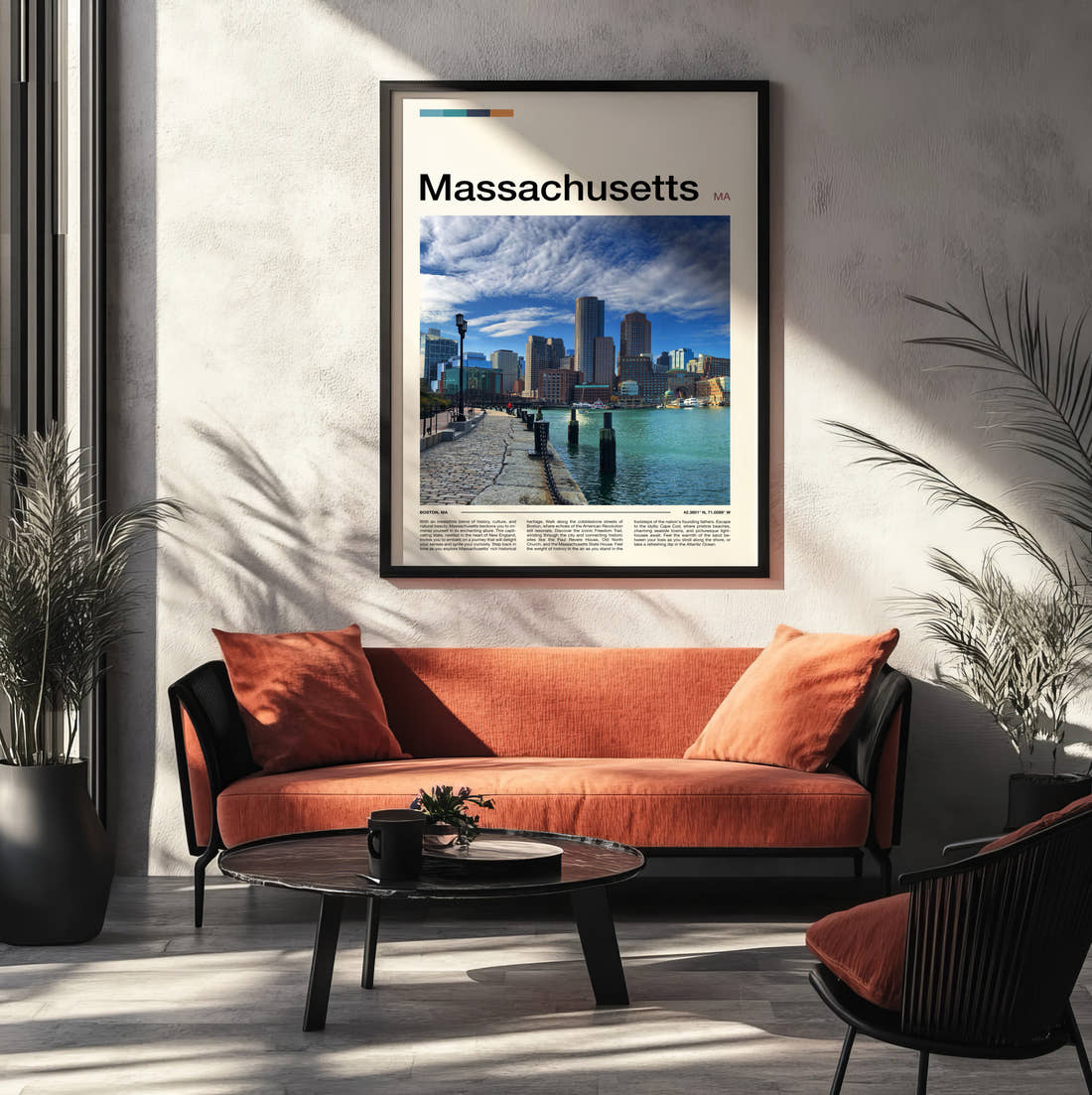 Massachusetts Harbour And Skyline Travel Print framed on the wall of a modern living room