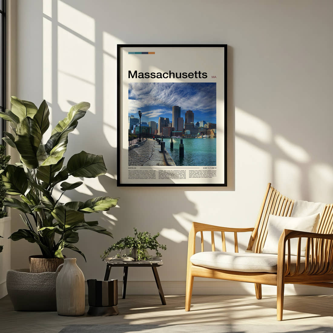 Massachusetts Harbour And Skyline Travel Print framed on a pale wall beside houseplants