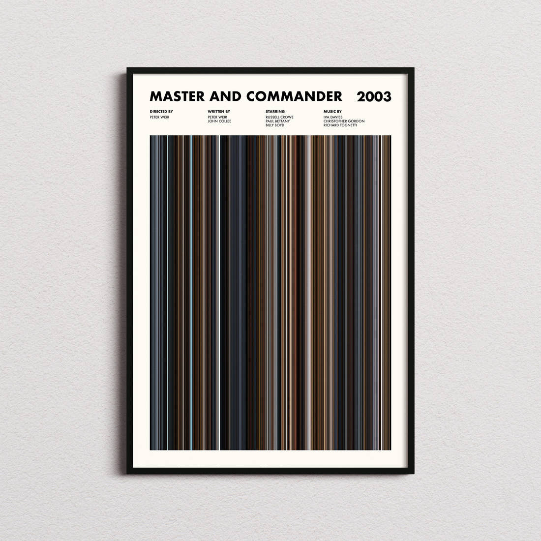 Master and Commander Movie Barcode Poster framed on a plain studio wall