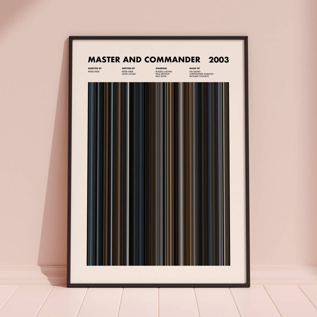 Master and Commander Movie Barcode Poster framed and leaning against a coloured wall