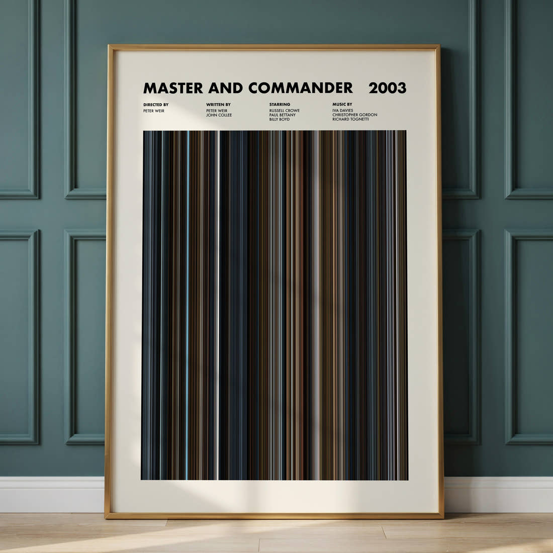 Master and Commander Movie Barcode Poster framed and leaning against a panelled wall