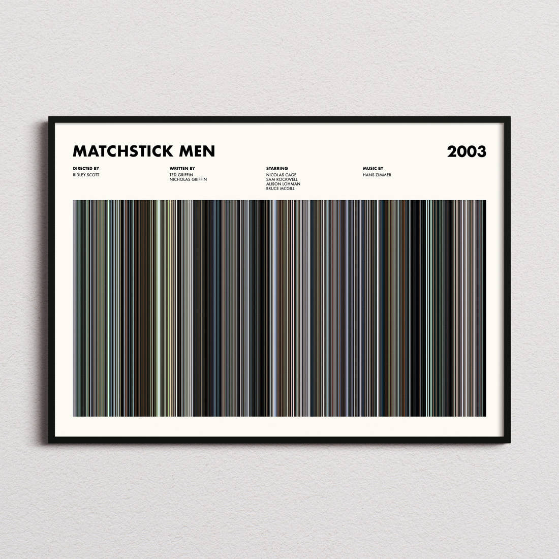 Matchstick Men Movie Barcode Poster framed and photographed straight on