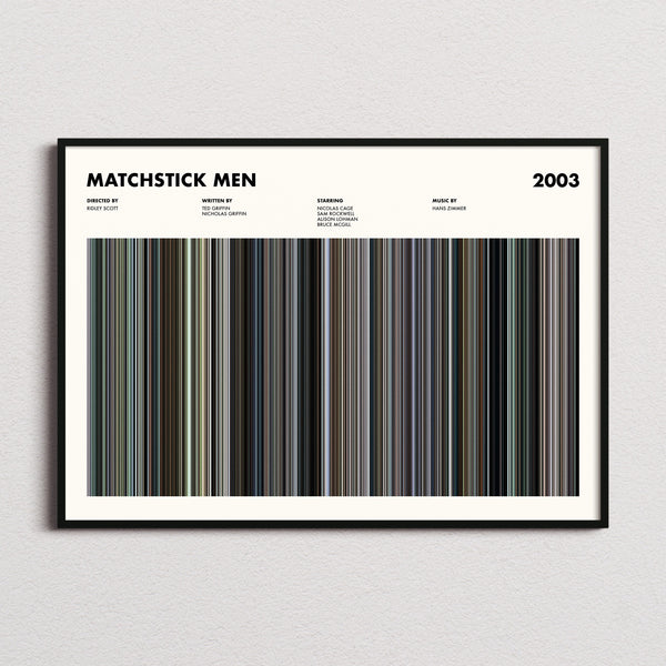Matchstick Men Movie Barcode Poster framed and photographed straight on