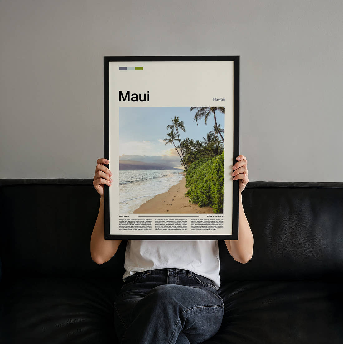 Maui Palms Along The Shore Travel Print held up by hand to show the size of the print