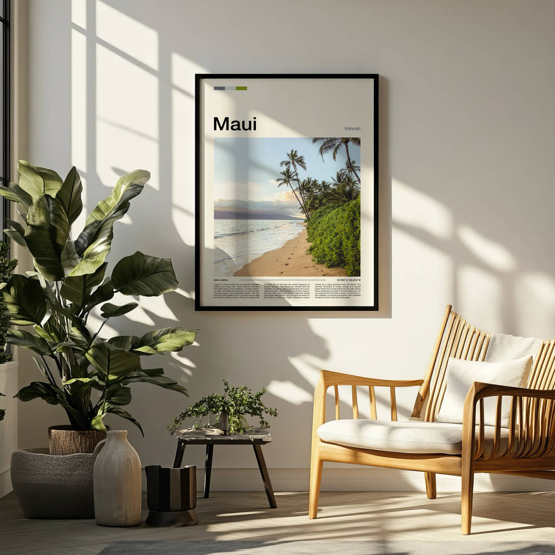 Maui Palms Along The Shore Travel Print framed on a pale wall beside houseplants