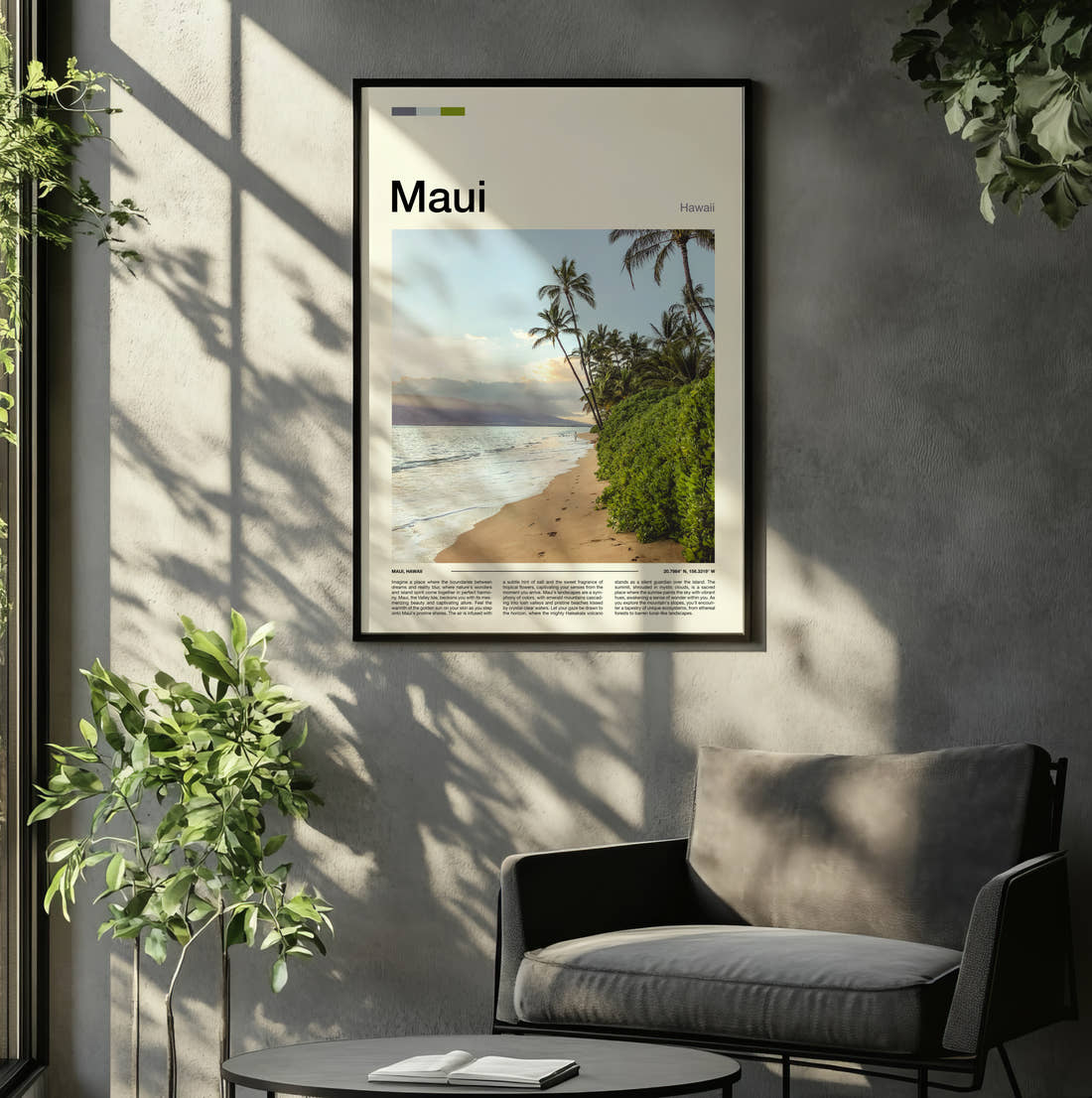 Maui Palms Along The Shore Travel Print framed on the wall of a relaxed living room