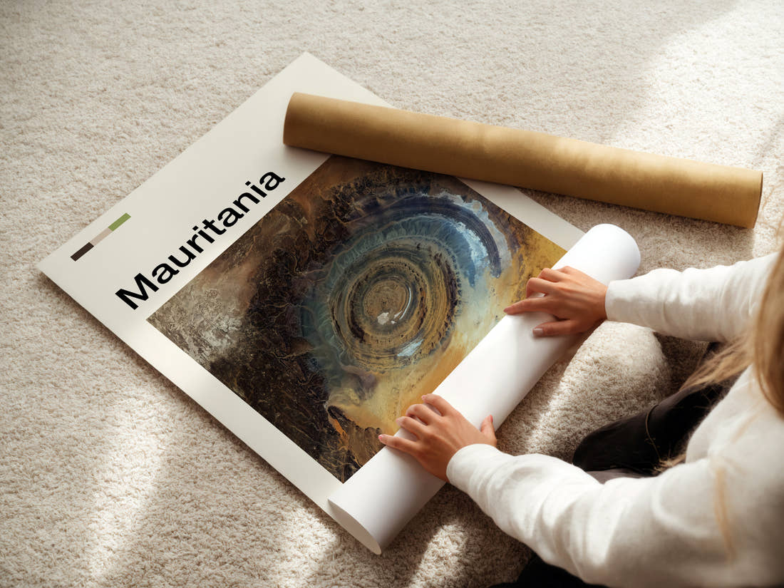 Mauritania Richat Structure Aerial Travel Print being unrolled from its postal tube