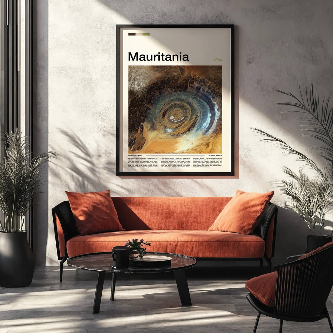 Mauritania Richat Structure Aerial Travel Print framed on the wall of a modern living room