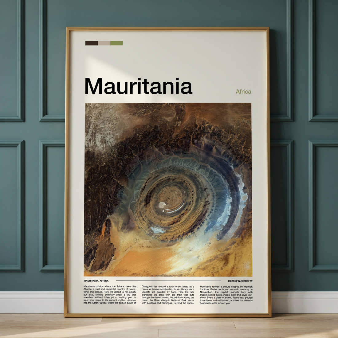 Mauritania Richat Structure Aerial Travel Print framed on the wall of a calm, neutral bedroom