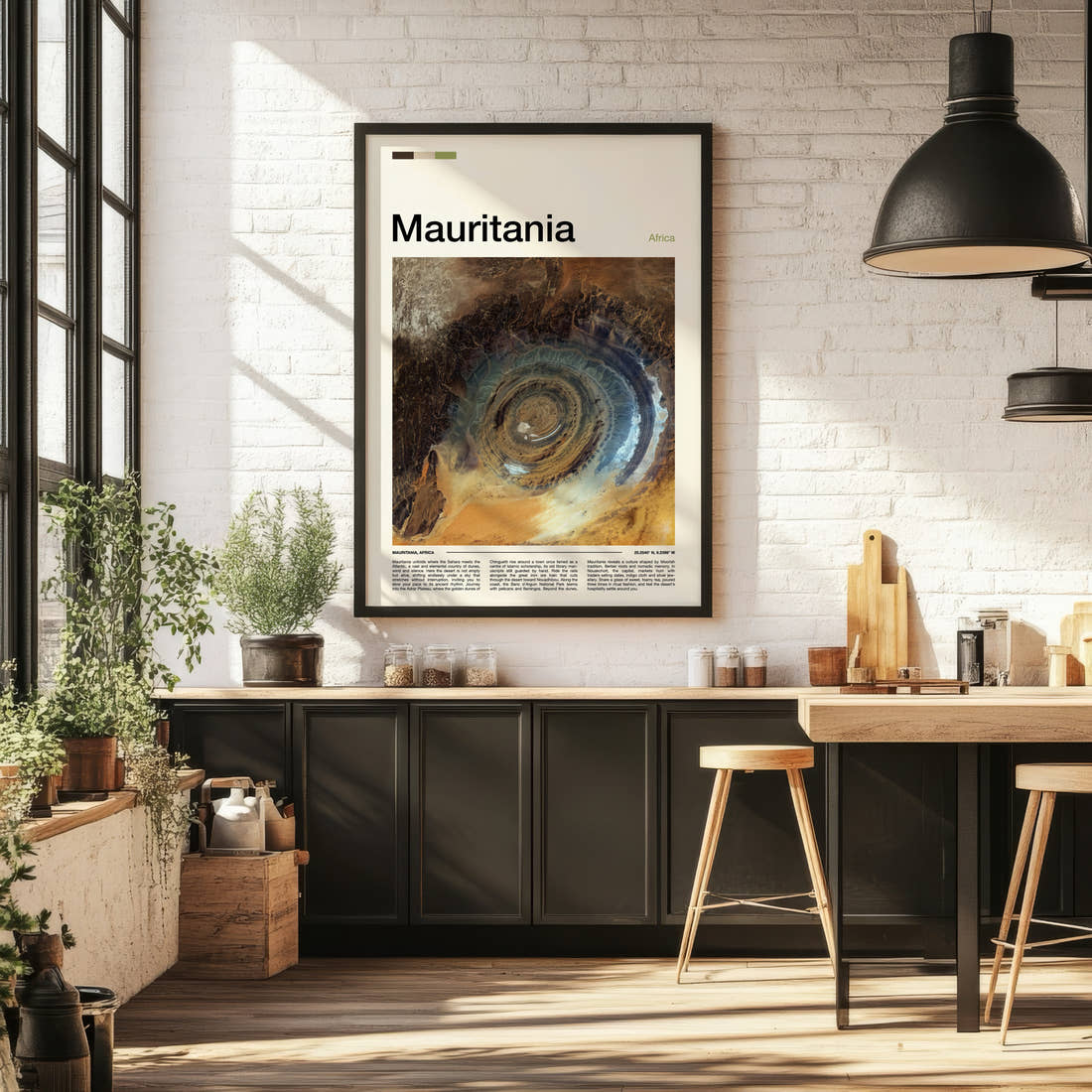 Mauritania Richat Structure Aerial Travel Print framed on the wall of a bright kitchen and dining space