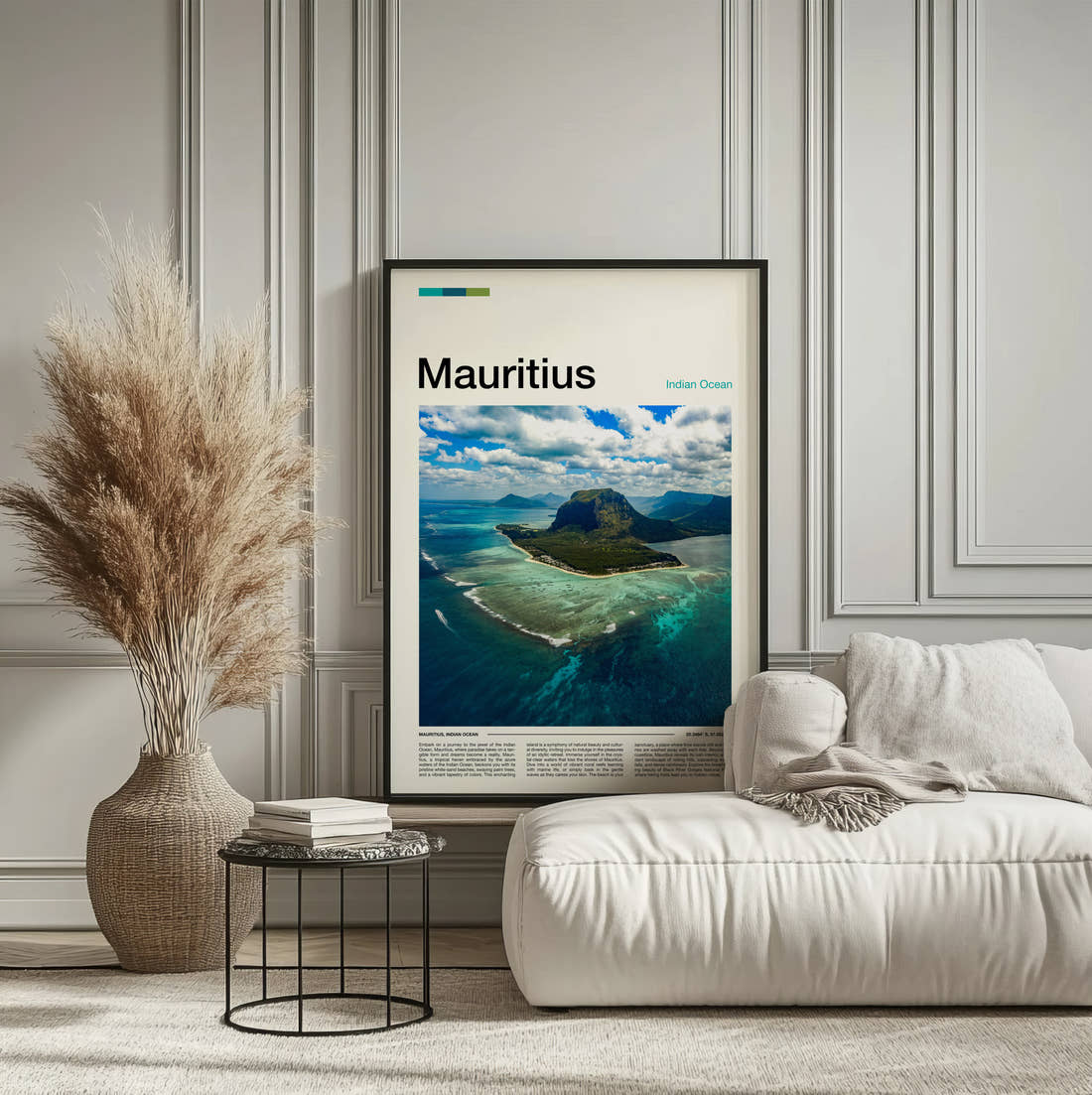 Mauritius Le Morne Brabant Travel Print framed on the wall of a calm, neutral bedroom