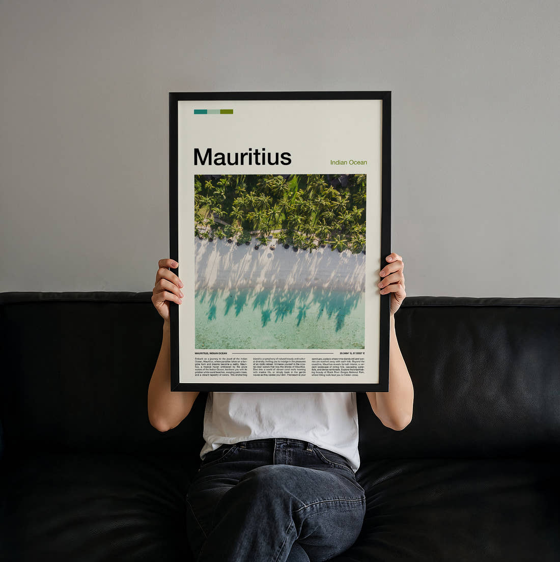 Mauritius Palm Shadows On Sand Travel Print held up by hand to show the size of the print