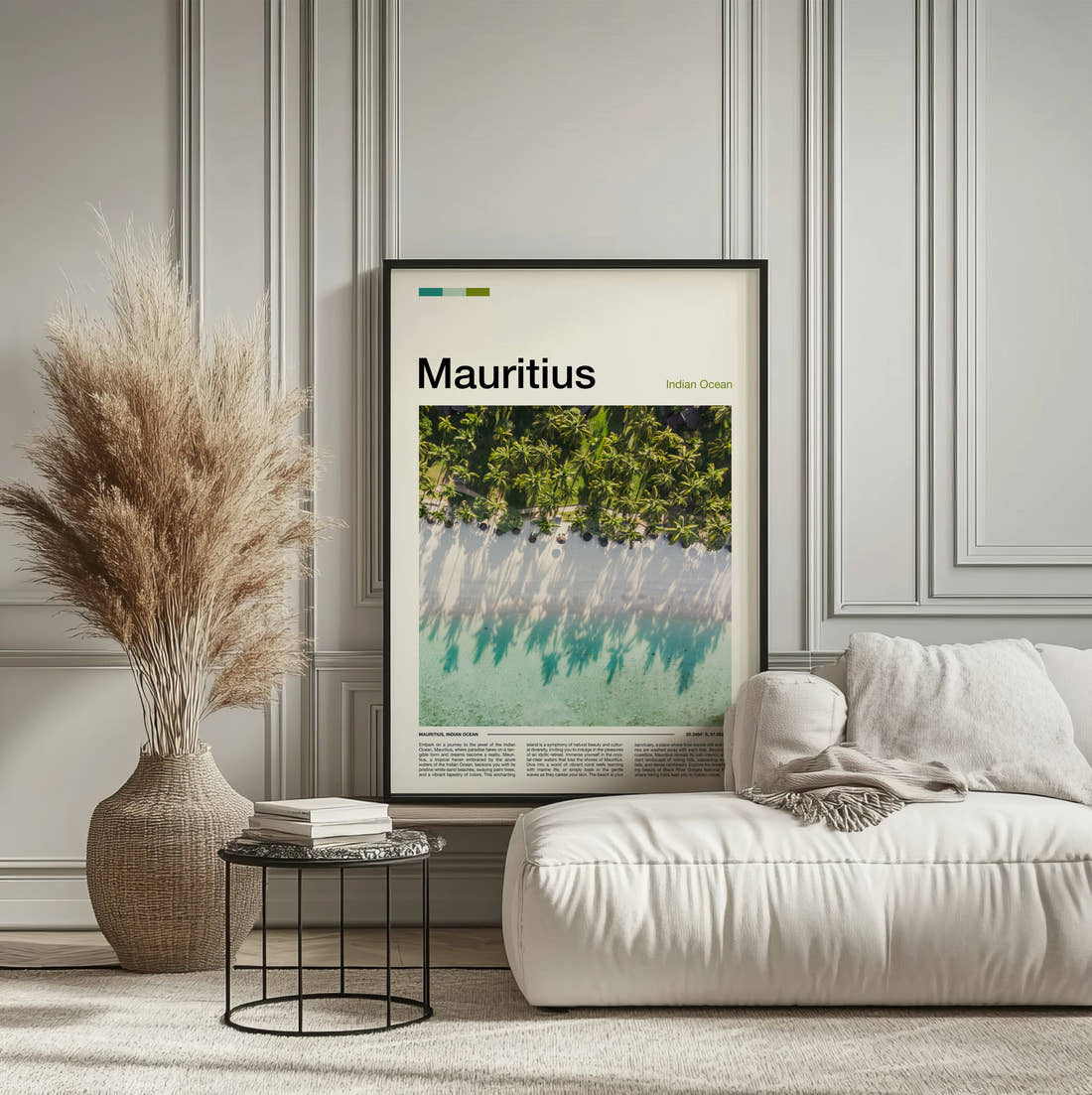 Mauritius Palm Shadows On Sand Travel Print framed on the wall of a calm, neutral bedroom