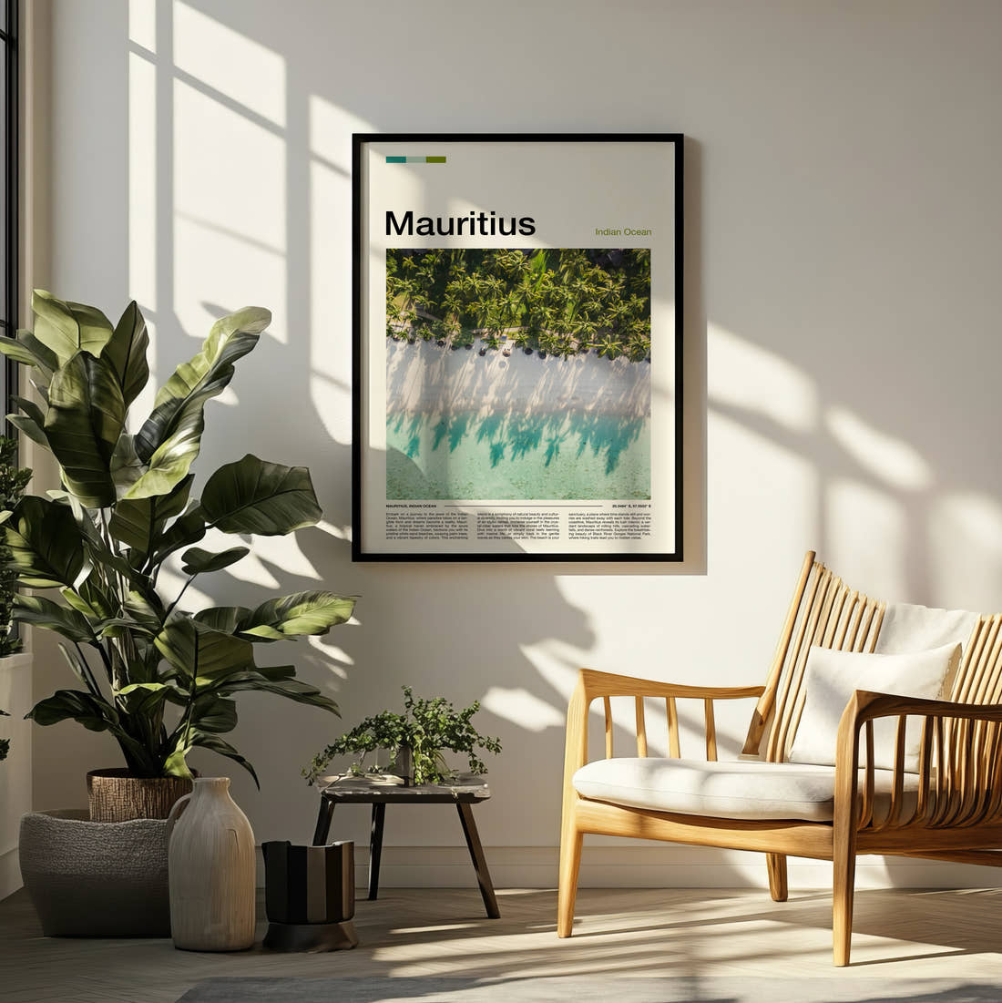 Mauritius Palm Shadows On Sand Travel Print framed on a pale wall beside houseplants
