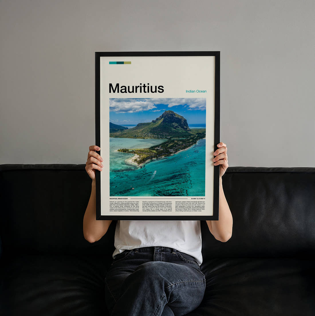 Mauritius Mountain Above The Lagoon Travel Print held up by hand to show the size of the print