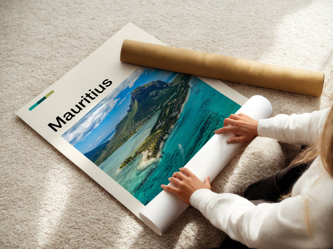 Mauritius Mountain Above The Lagoon Travel Print being unrolled from its postal tube