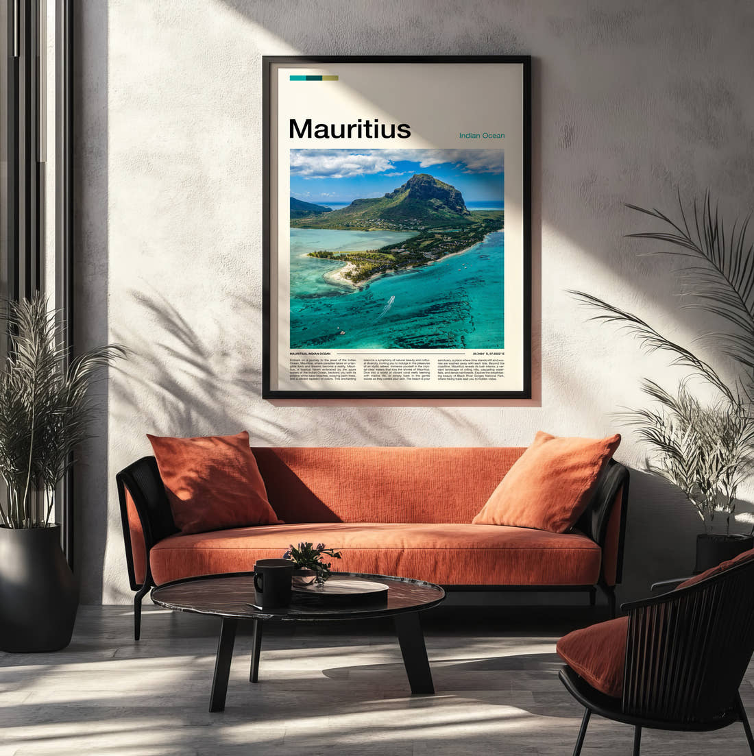 Mauritius Mountain Above The Lagoon Travel Print framed on the wall of a modern living room