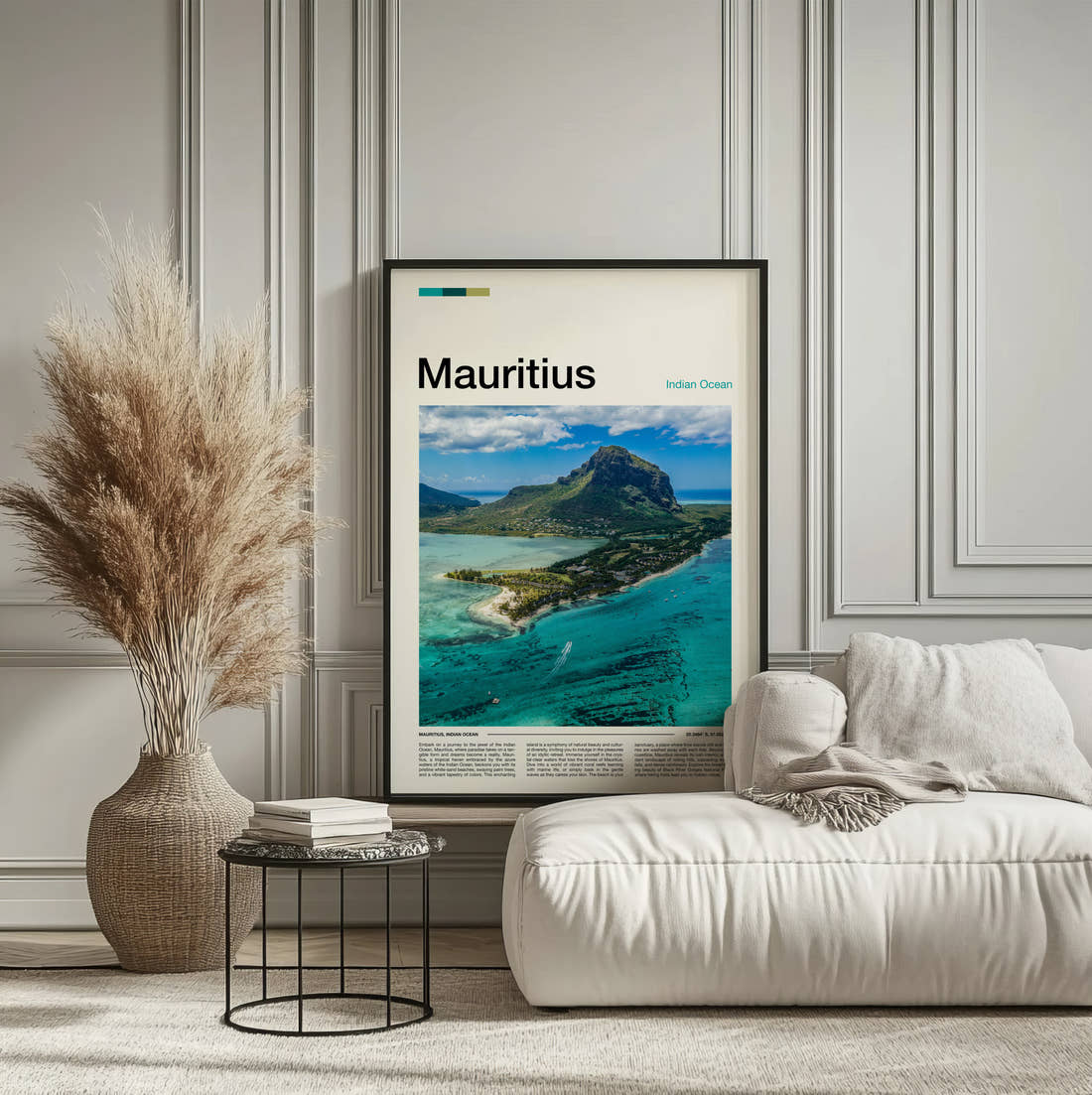 Mauritius Mountain Above The Lagoon Travel Print framed on the wall of a calm, neutral bedroom