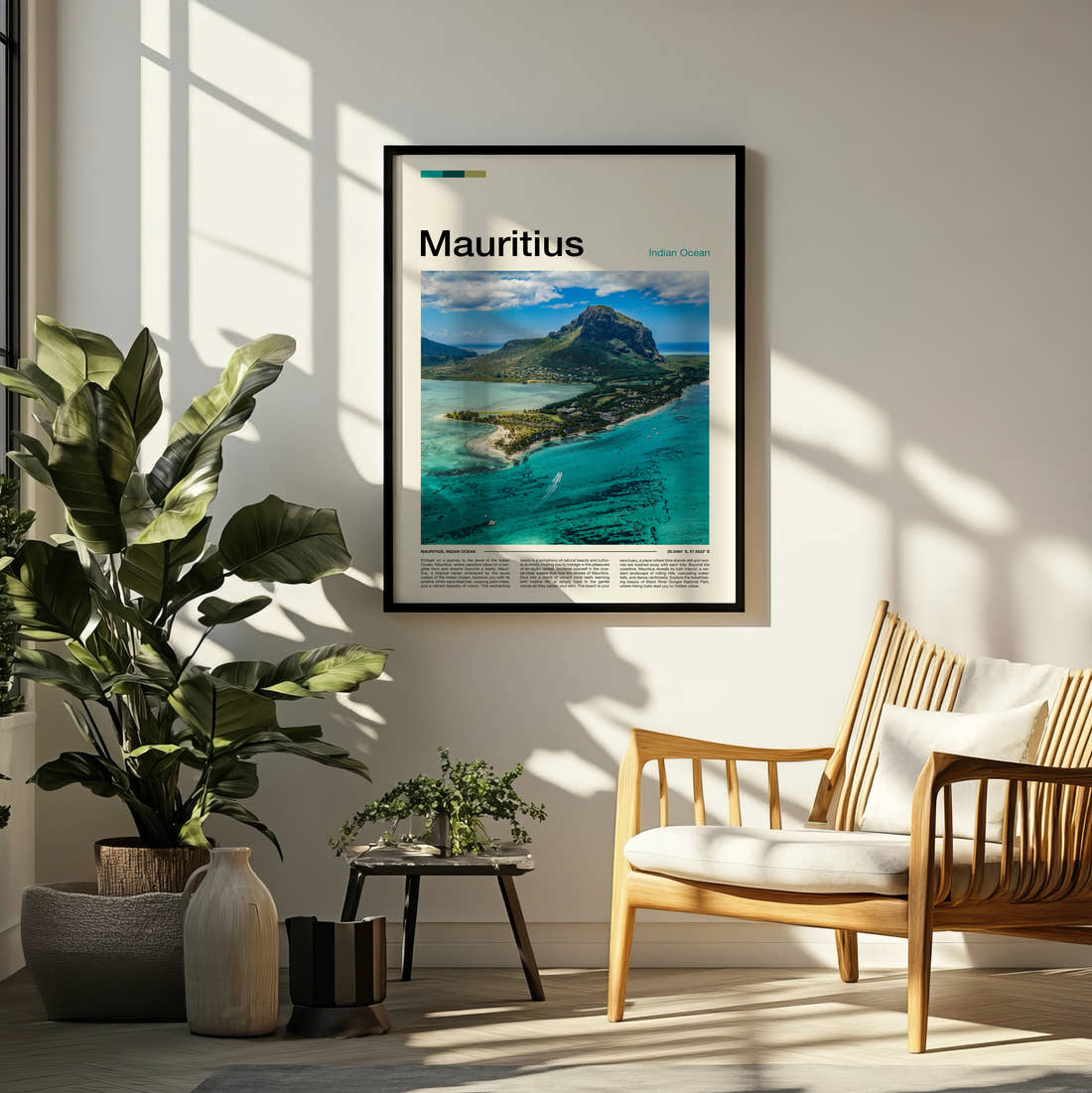 Mauritius Mountain Above The Lagoon Travel Print framed on a pale wall beside houseplants