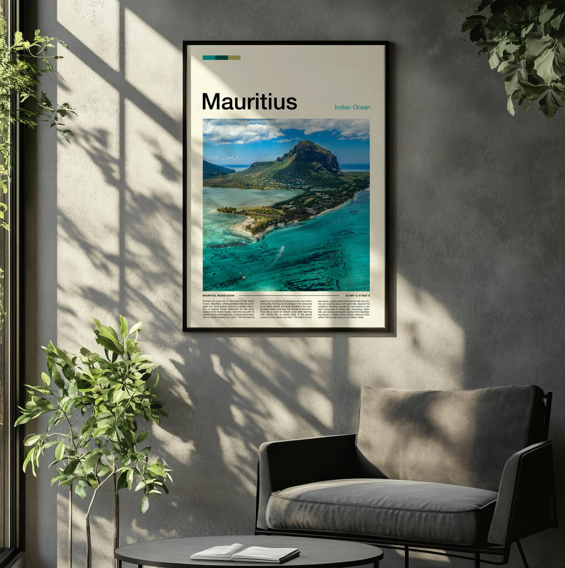 Mauritius Mountain Above The Lagoon Travel Print framed on the wall of a relaxed living room