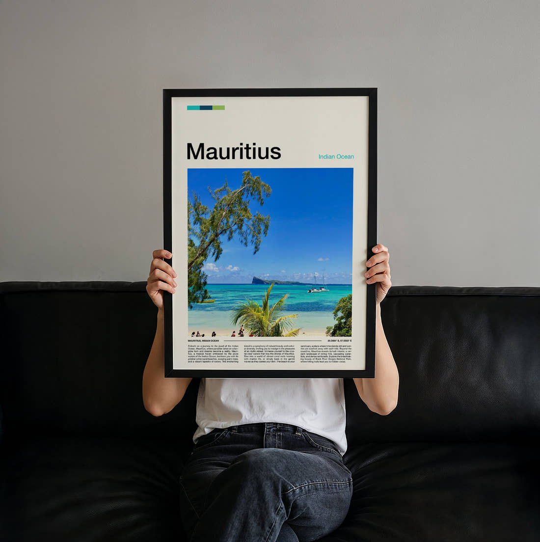 Mauritius Turquoise Sea And Island Travel Print held up by hand to show the size of the print