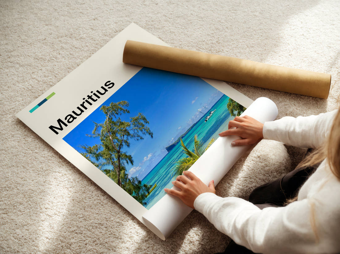 Mauritius Turquoise Sea And Island Travel Print being unrolled from its postal tube