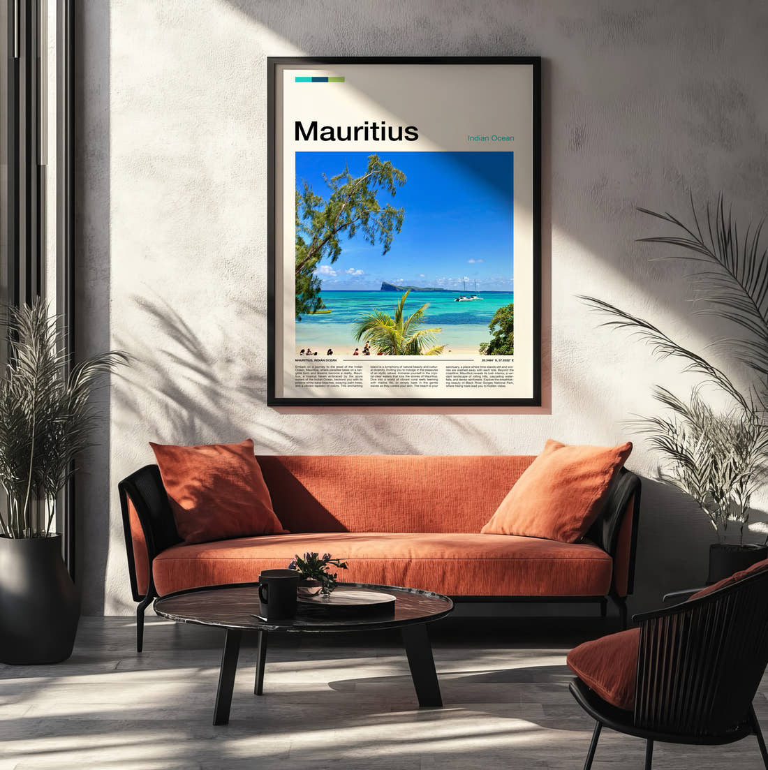 Mauritius Turquoise Sea And Island Travel Print framed on the wall of a modern living room