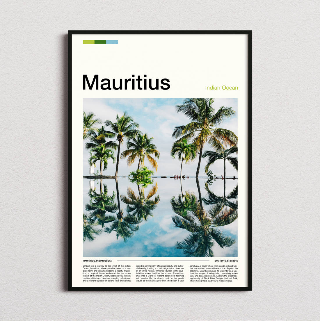 Mauritius Palm Trees Reflected Travel Print framed and photographed straight on