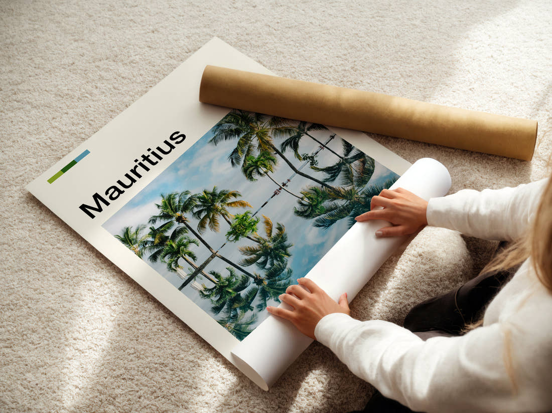 Mauritius Palm Trees Reflected Travel Print being unrolled from its postal tube