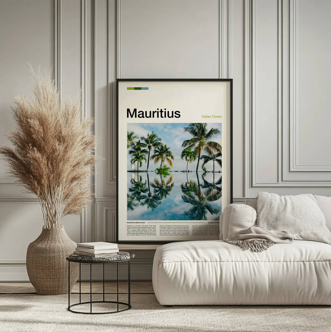 Mauritius Palm Trees Reflected Travel Print framed on the wall of a calm, neutral bedroom