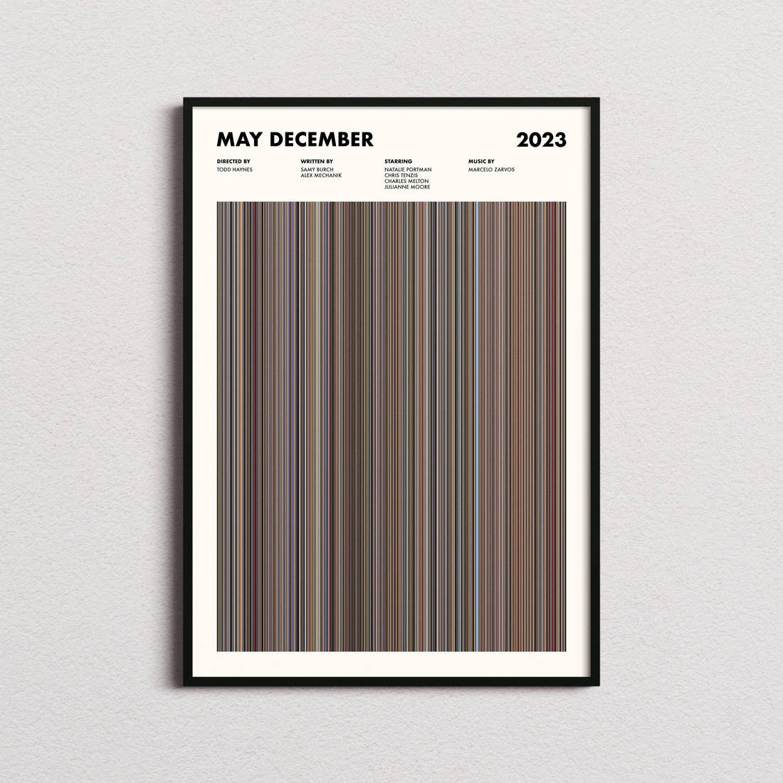May December Movie Barcode Poster framed on a plain studio wall