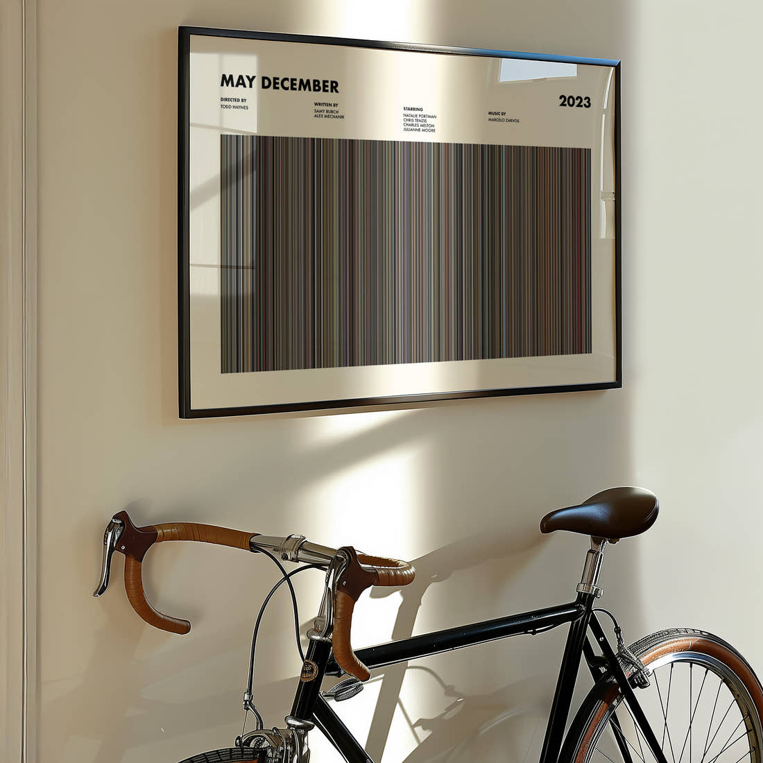 May December Movie Barcode Poster framed on the wall of a styled room setting