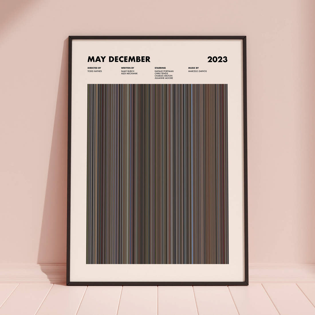 May December Movie Barcode Poster framed and leaning against a coloured wall