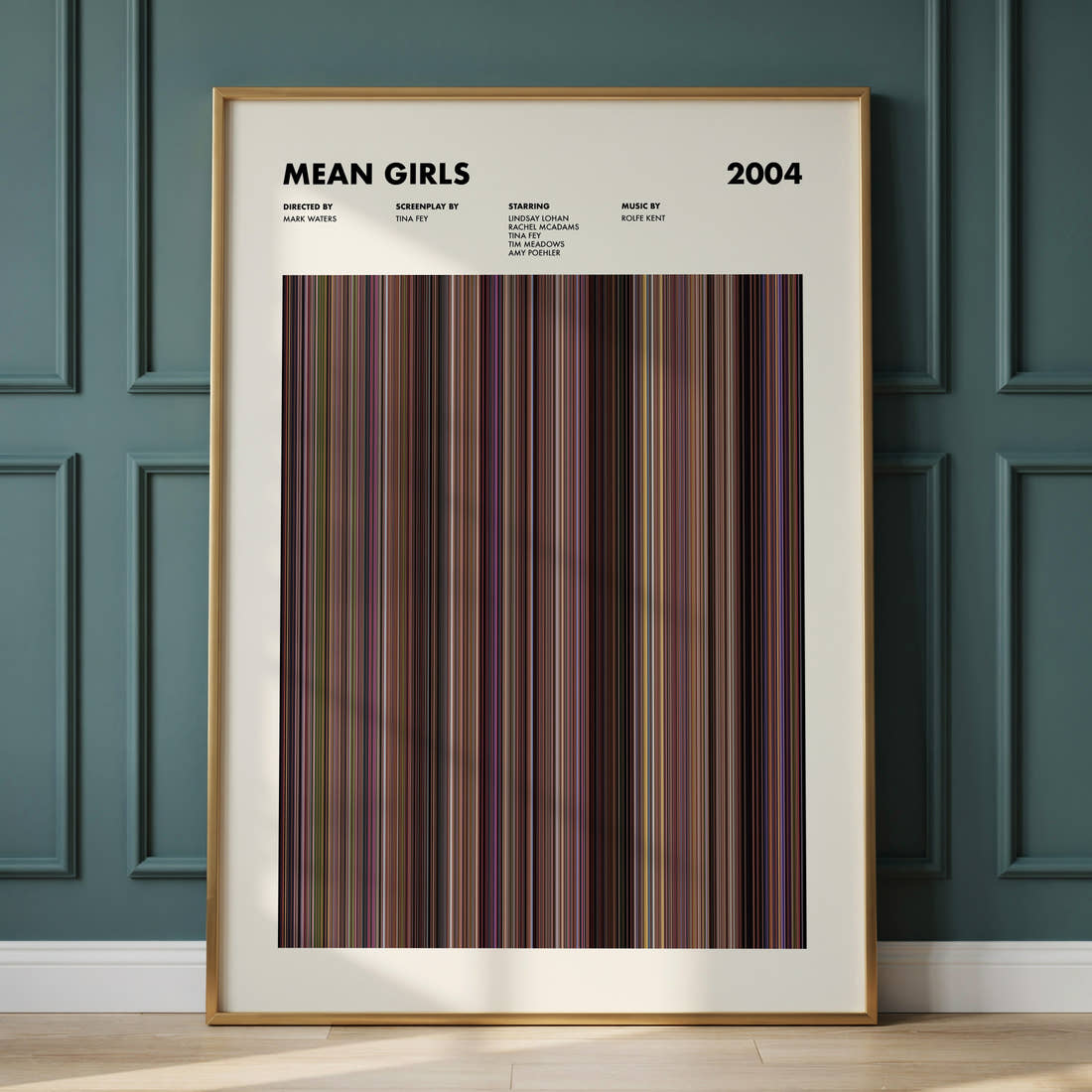 Mean Girls Movie Barcode Poster framed and leaning against a panelled wall