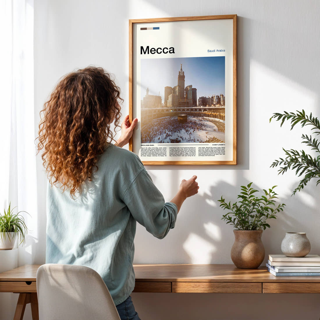 Mecca Kaaba At Dusk Travel Print framed on a pale wall beside houseplants