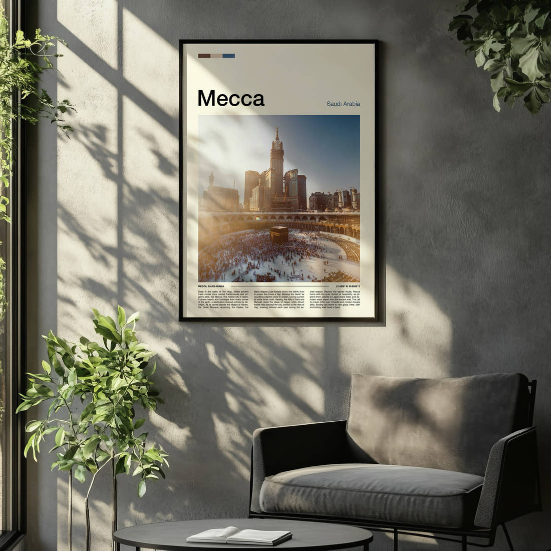 Mecca Kaaba At Dusk Travel Print framed on the wall of a relaxed living room