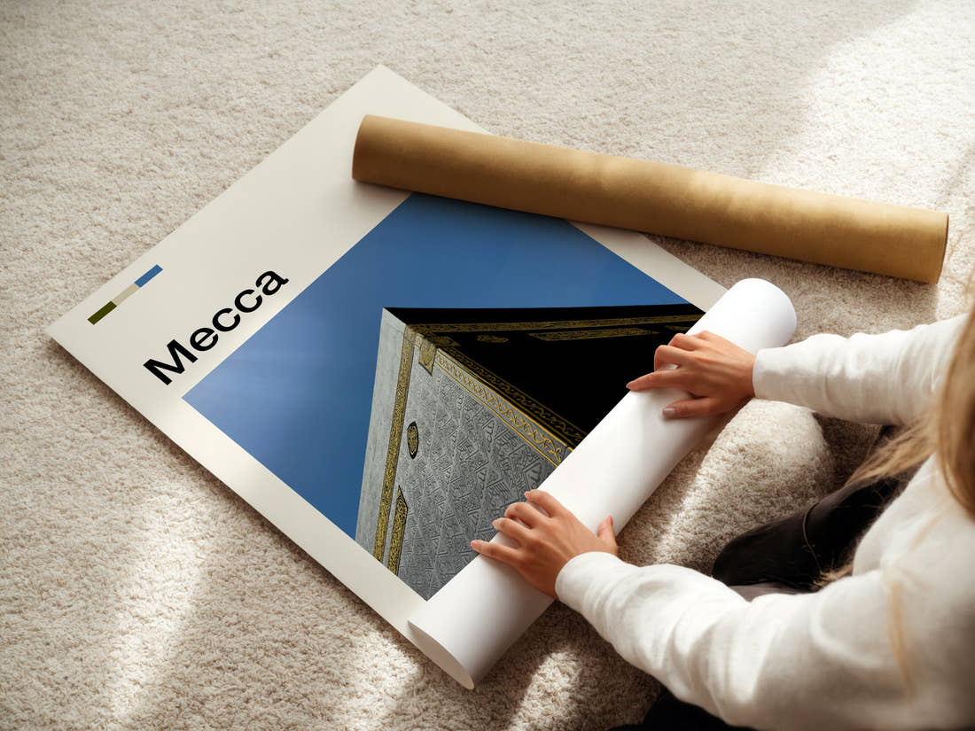 Mecca Kaaba Corner Detail Travel Print being unrolled from its postal tube