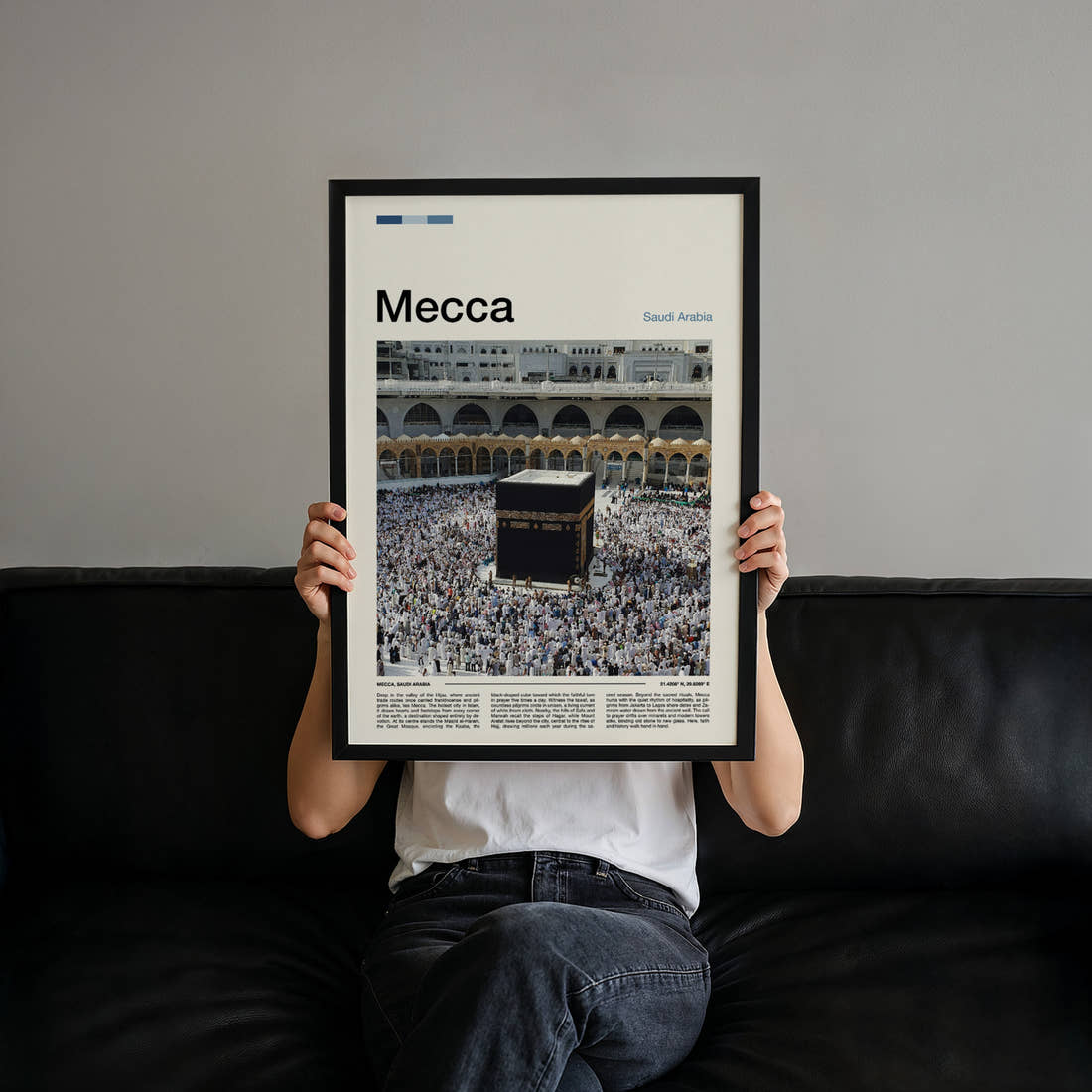 Mecca Kaaba And Pilgrims Travel Print held up by hand to show the size of the print
