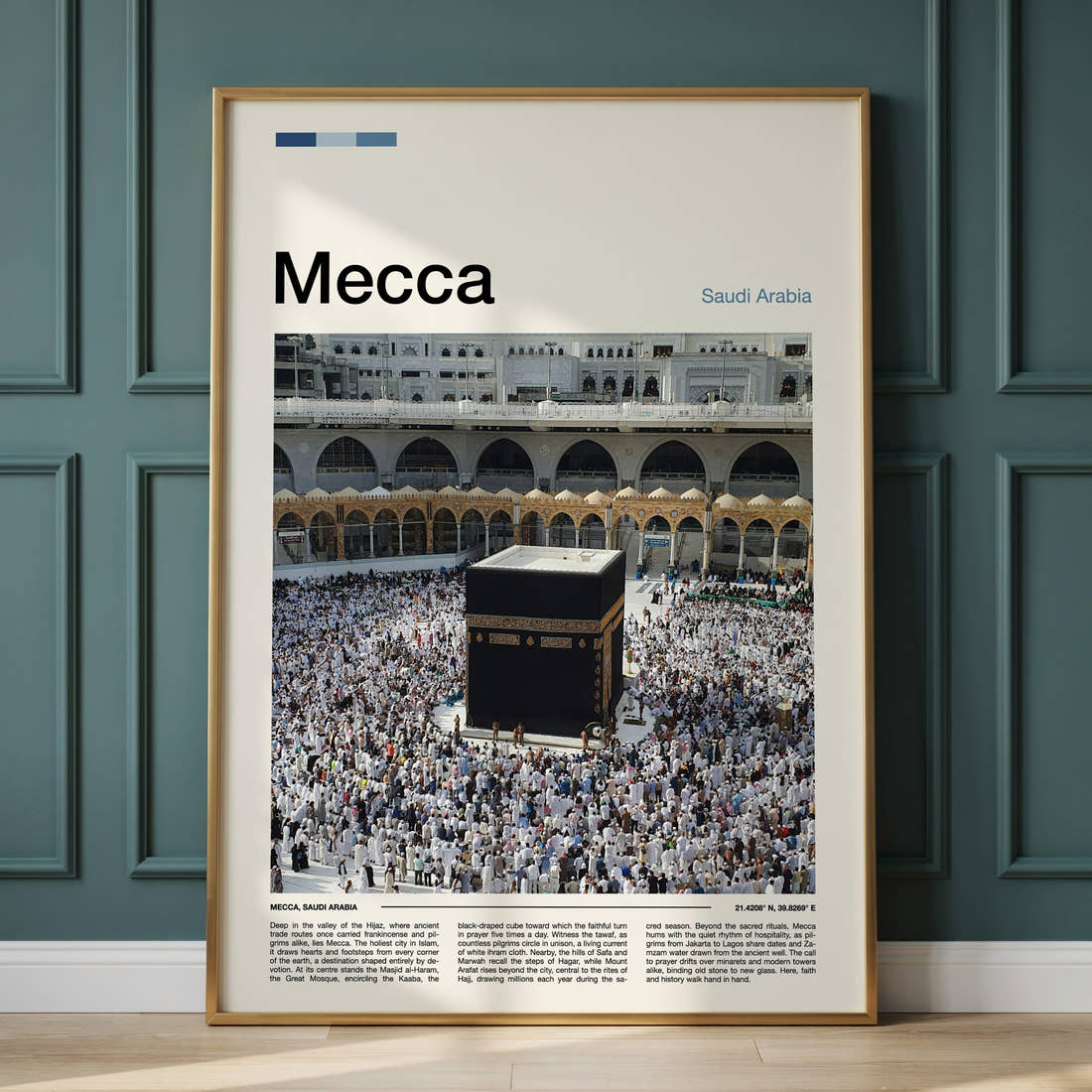 Mecca Kaaba And Pilgrims Travel Print framed on the wall of a calm, neutral bedroom