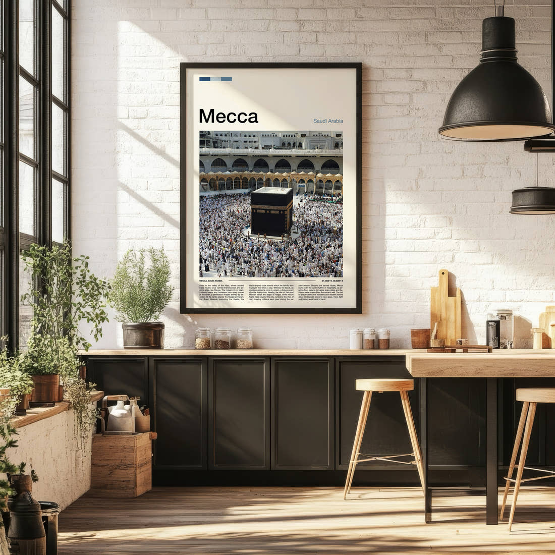 Mecca Kaaba And Pilgrims Travel Print framed on the wall of a bright kitchen and dining space